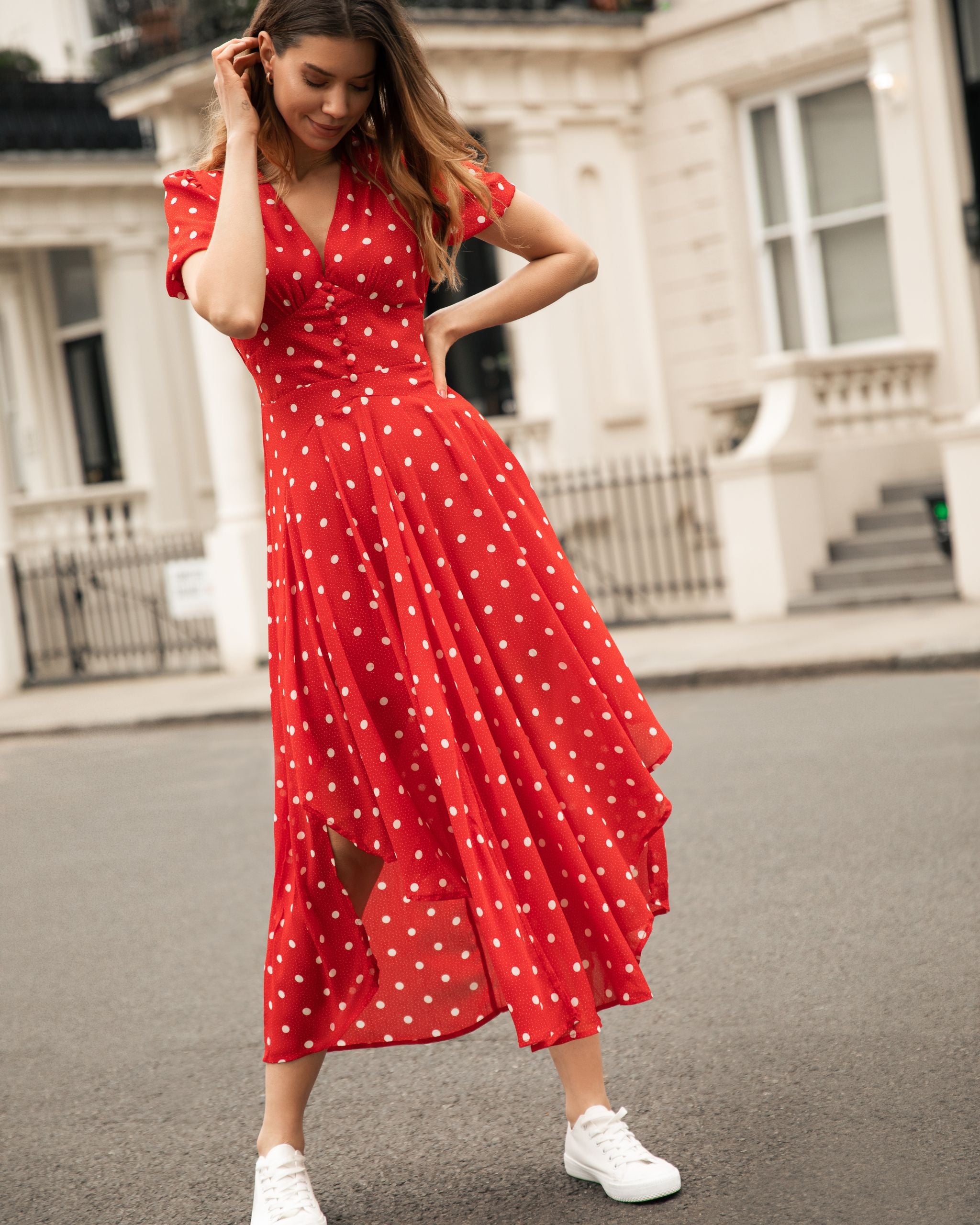 Red polka dot maxi dress uk Clearance