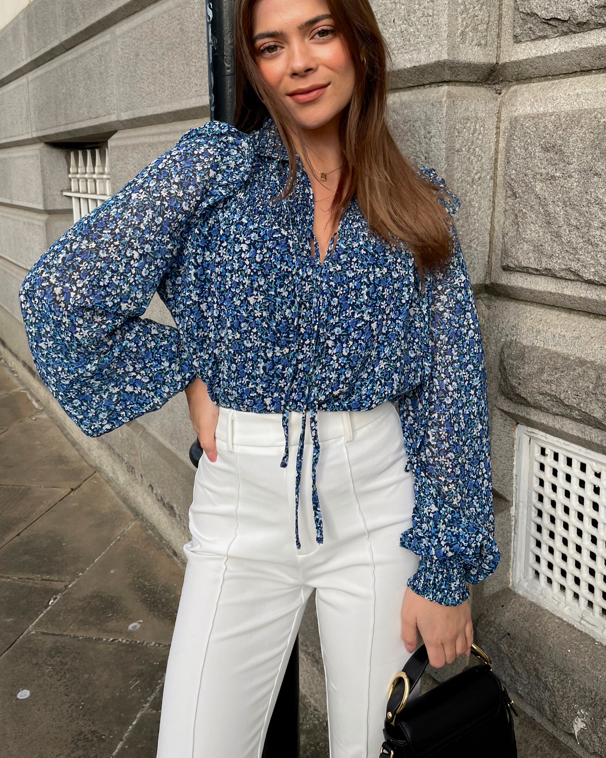 Blue and deals white blouse outfit